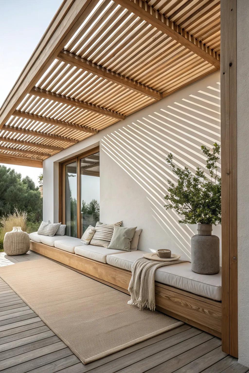 Let light and style shine through with slatted wood awnings. 🌞 #ContemporaryDesign #MinimalistHome