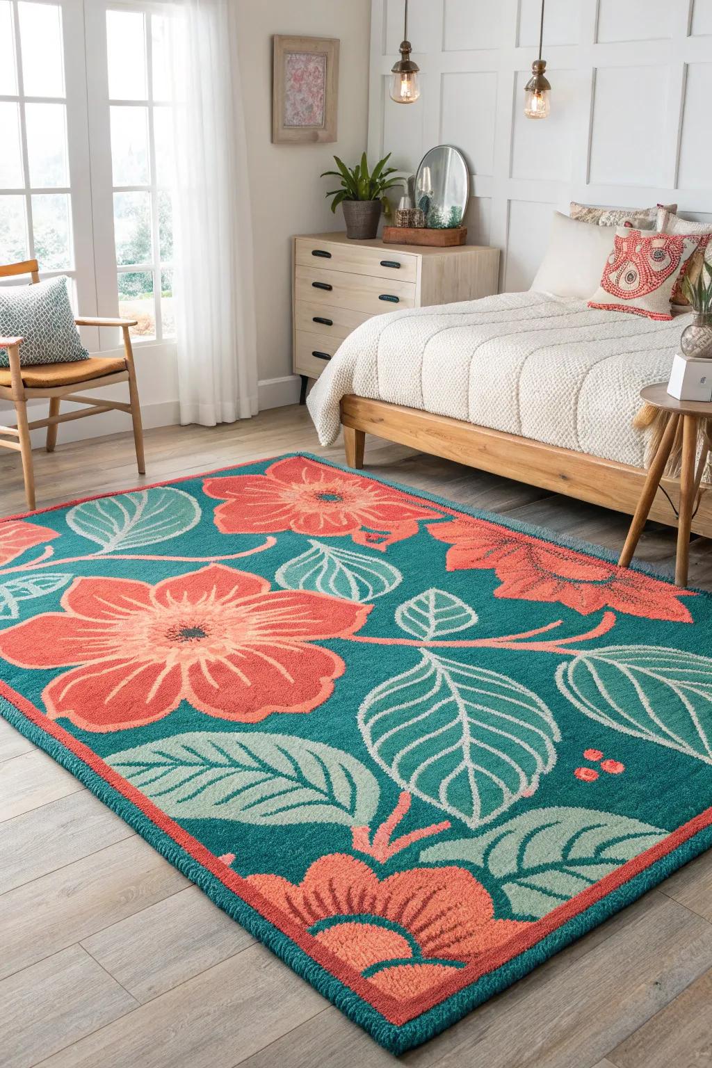 Thematic rugs serve as a vibrant centerpiece, adding character and charm. #ColorfulRug #BedroomInspiration