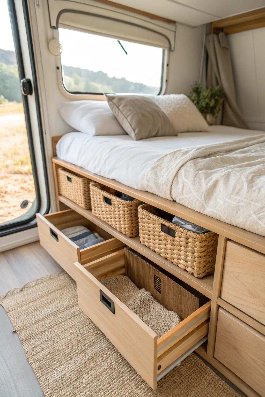 Utilize under-bed space for hidden storage that keeps your RV clutter-free.