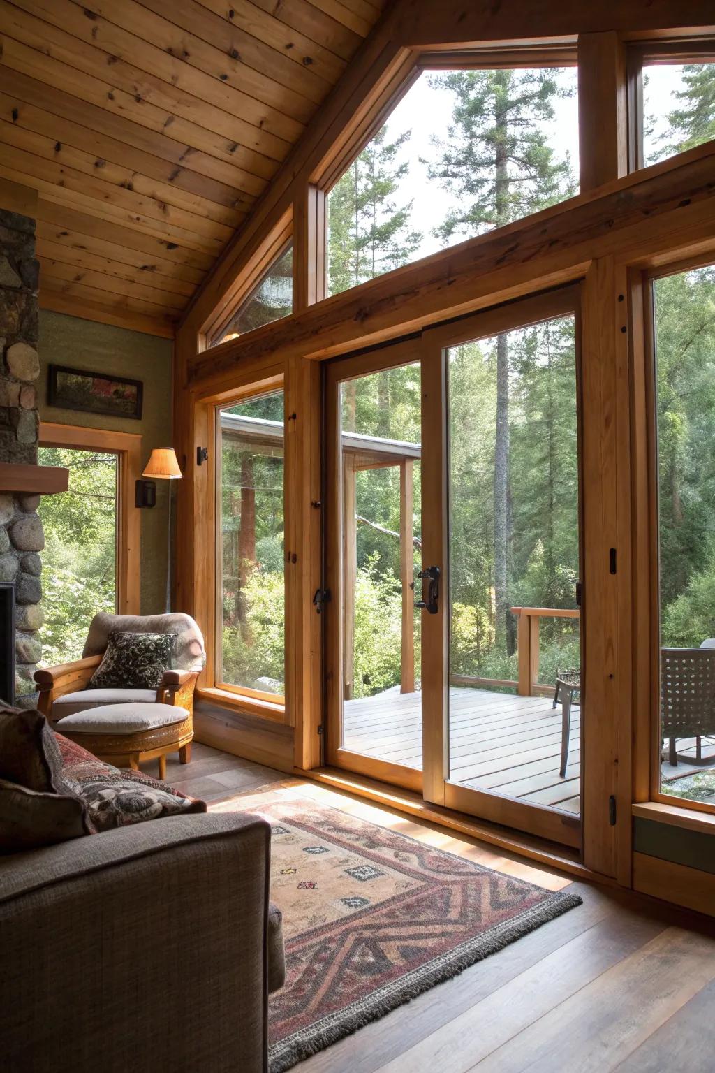 Embrace rustic charm with wood-framed sliding doors that bring warmth and character to your home.