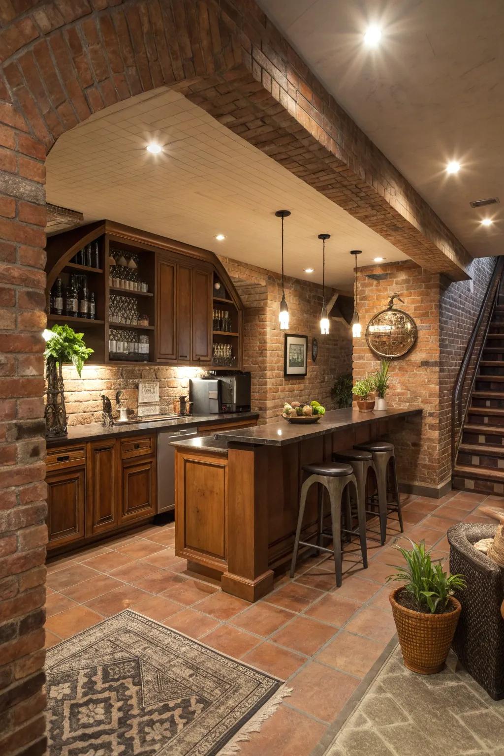 Enhance your basement's functionality with a chic kitchenette or bar against brick walls.