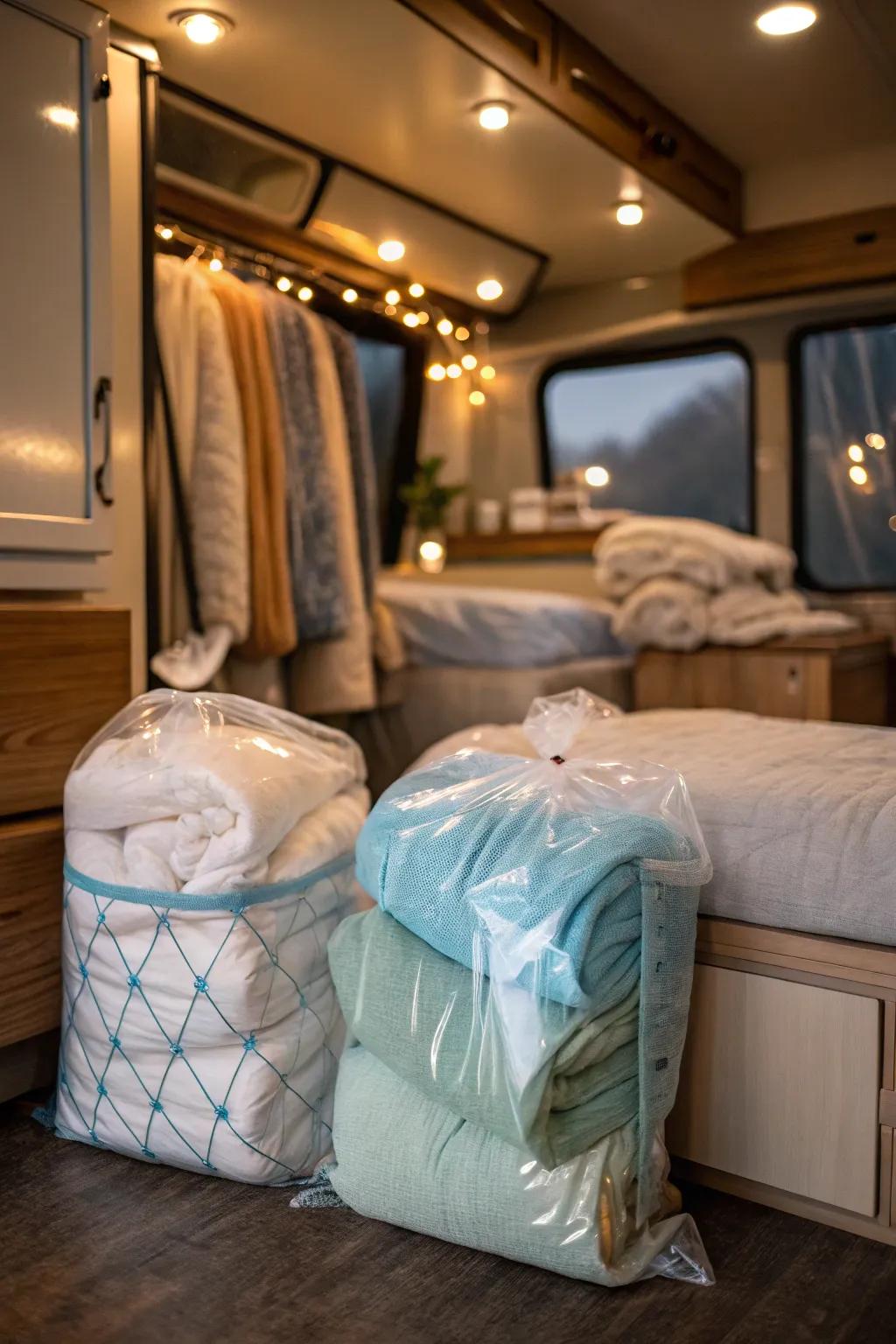 Shrink your storage woes with vacuum-sealed bags that save space and keep clothes fresh.