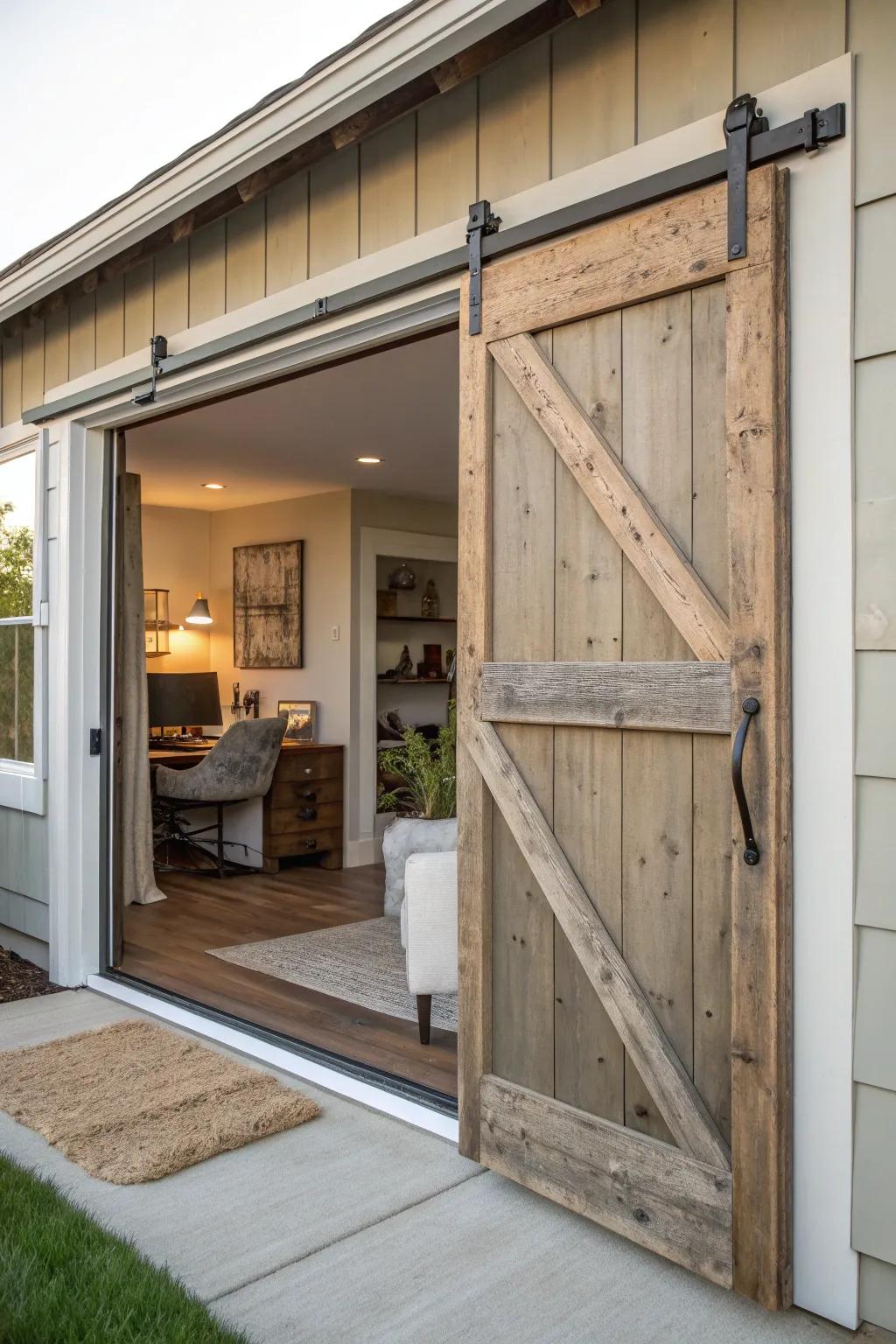 Barn doors add rustic charm and save space, bringing warmth to any room.