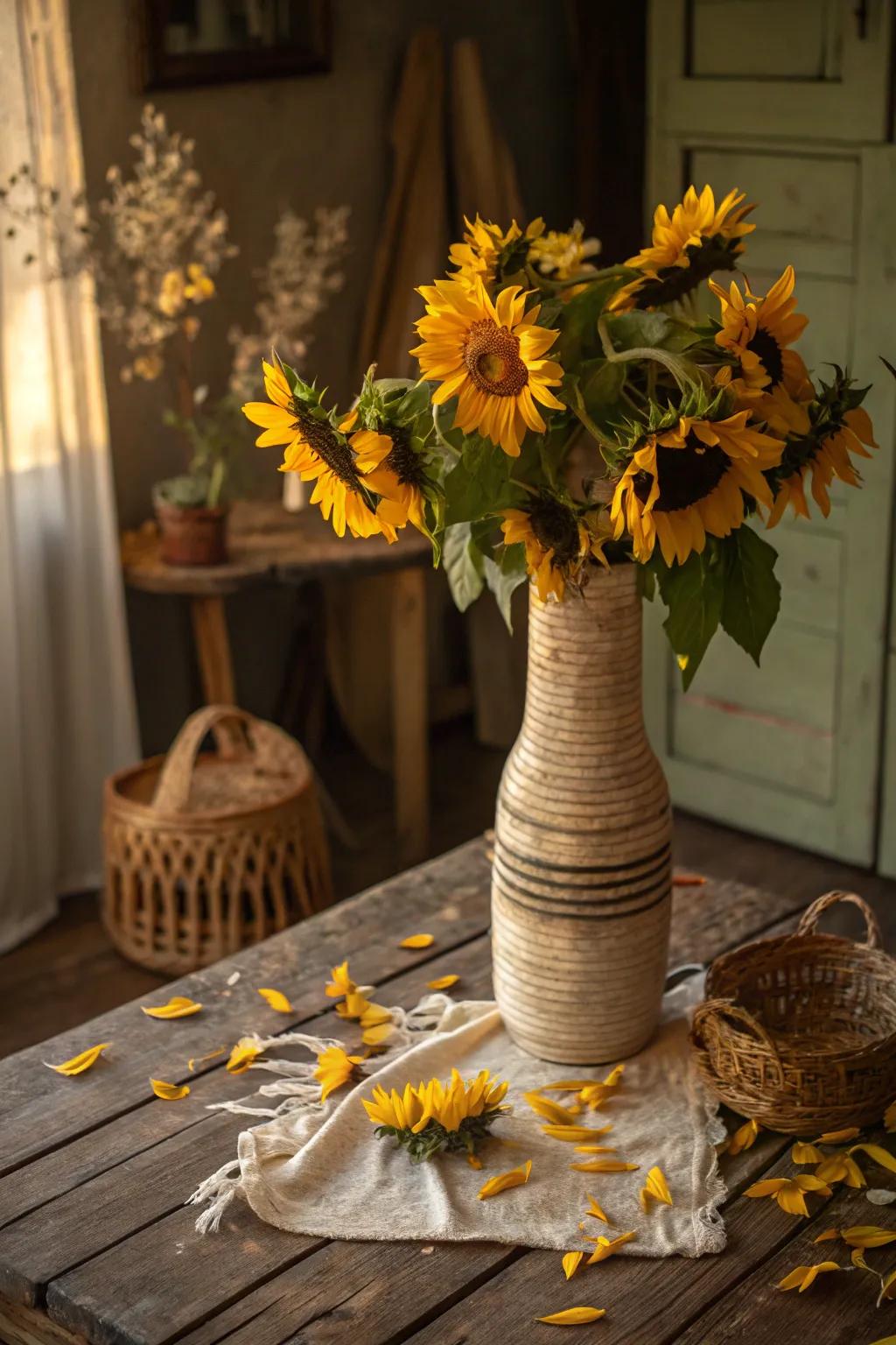 Sunflowers in a tall vase add rustic warmth to any country-style kitchen.