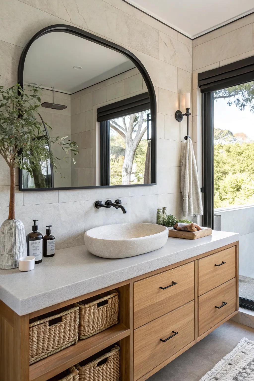 Make a statement with bold shapes and unique materials in your contemporary vanity design.