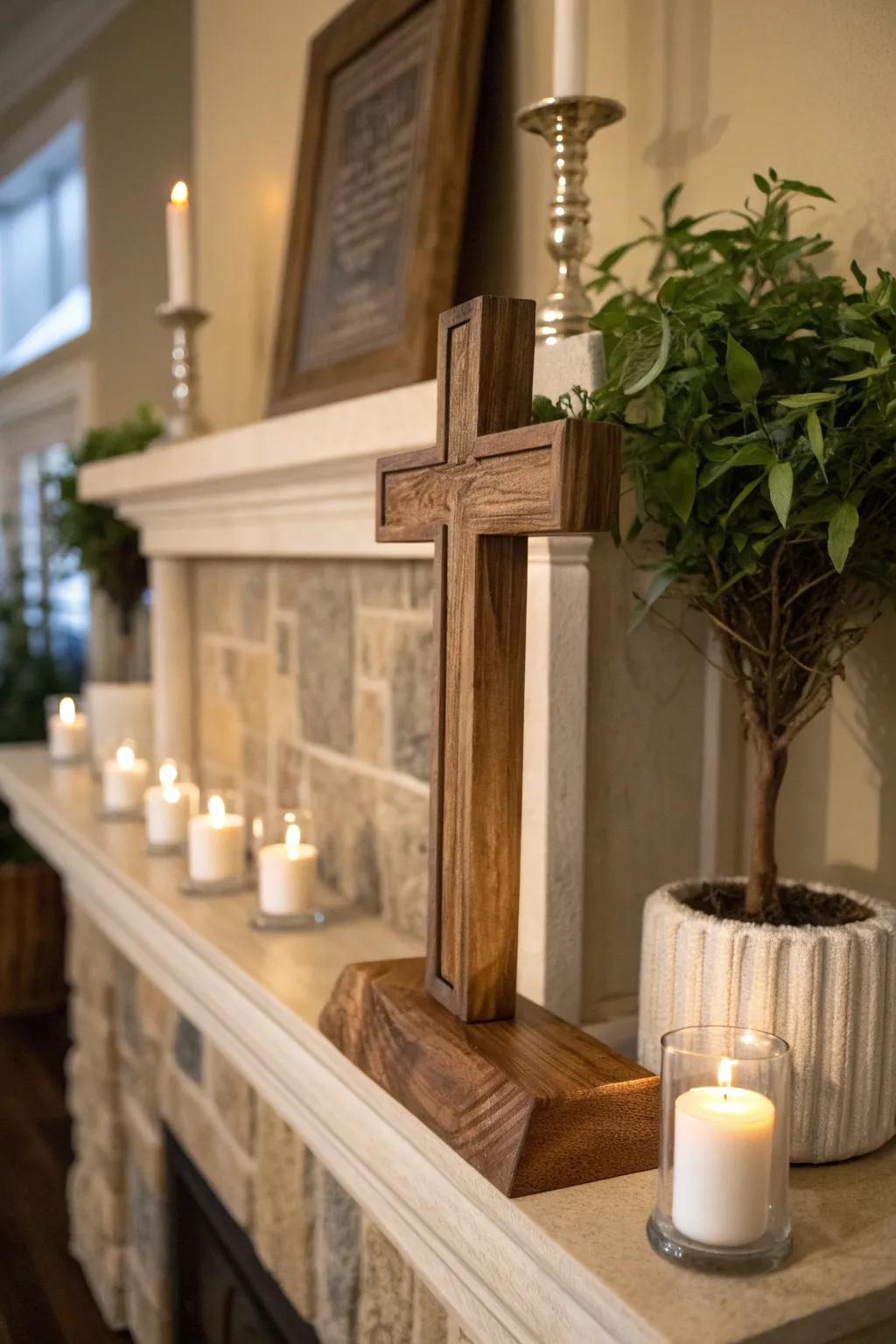 Make a statement with a freestanding wooden cross that stands tall in style.