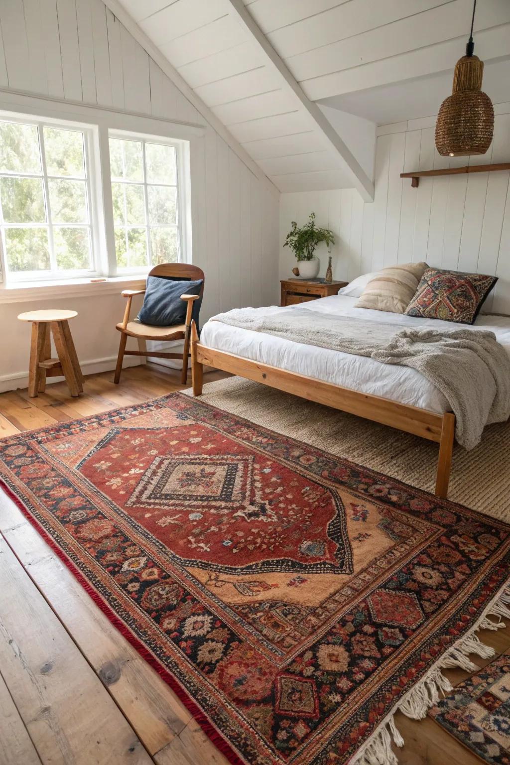Persian rugs add timeless elegance and rich history to your bedroom. #VintageRug #TimelessElegance