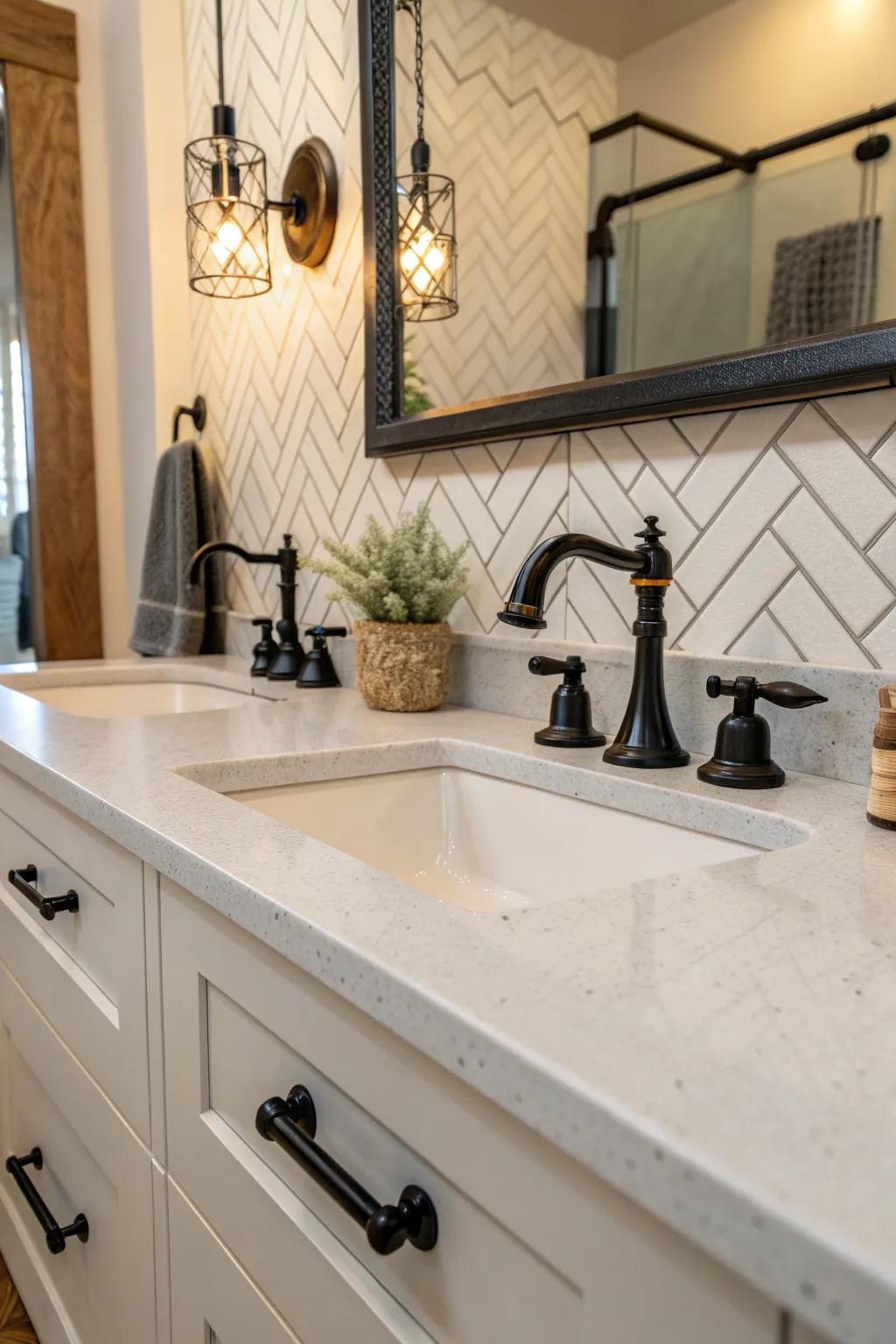 Add a touch of drama with matte black fixtures against a luxurious vanity top. #SophisticatedDesign #HomeTrends