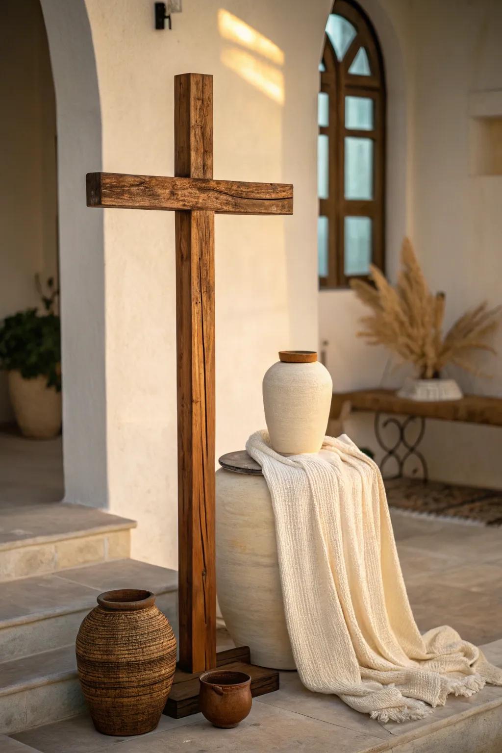Embrace elegance with a stained wooden cross that highlights nature's beauty. #WoodStain #SophisticatedStyle