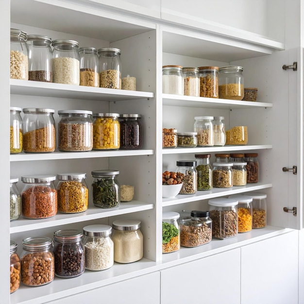 Neatly organized pantry with glass jars showcasing home storage ...